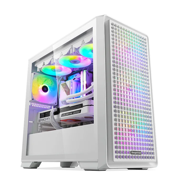 კომპიუტერის ქეისი · Segotep Radiant - Mid Tower, ATX, Desktop Gaming PC Case, Tempered Glass, Up to 360mm Radiator Support - Without Fans (White)