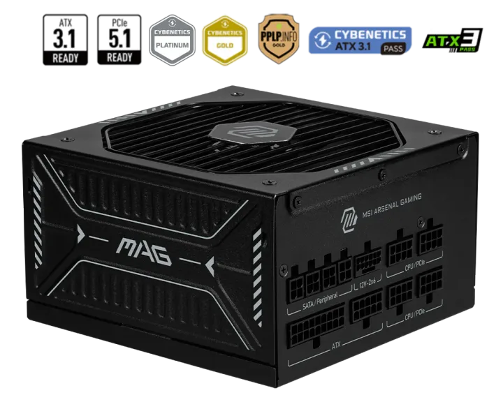კვების ბლოკი · MSI MAG A1000GLS Full Modular ATX Power Supply, 3.1 & PCI-E 5.1 Ready, 80 Plus Gold Efficiency