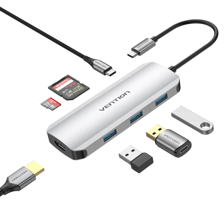 მულტი პორტ გადამყვანი · Vention TOJHB 7-in-1 USB-C 4K / 30 Hz Docking Station 5Gbps 100W PD (Gray Aluminum)