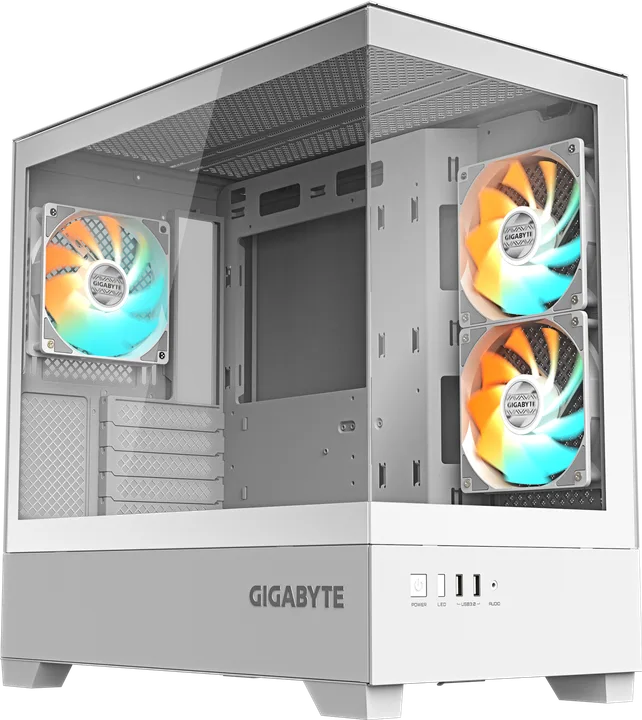 კომპიუტერის ქეისი · Gigabyte C201 Panoramic ICE - Mid Tower, Micro-ATX, Desktop Gaming PC Case, Panoramic Tempered Glass, Up to 360mm Radiator Support - with Pre Installed 3x120mm ARGB Fans (White)