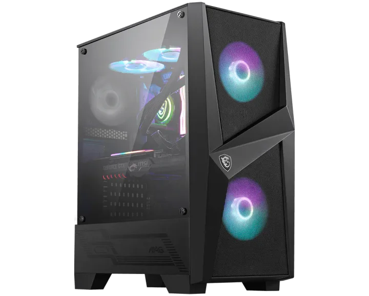 კომპიუტერის ქეისი · MSI MAG FORGE 100R - Mid Tower, ATX, Desktop Gaming PC Case, Tempered Side Glass, Up to 240mm Radiator Support, Pre Installed 2x120mm ARGB Fans & 1x 120mm Fan